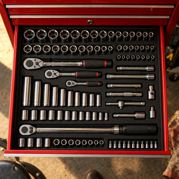 Sockets and ratchets in a red tool chest drawer
