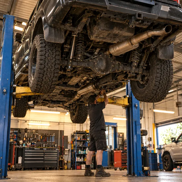 A dual-cab ute up on the hoist