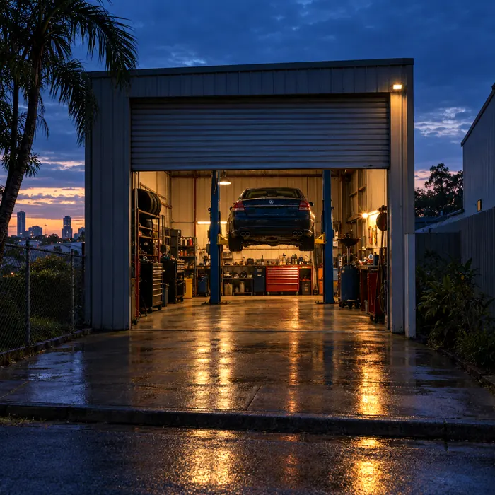 The workshop at dusk with the roller door half open