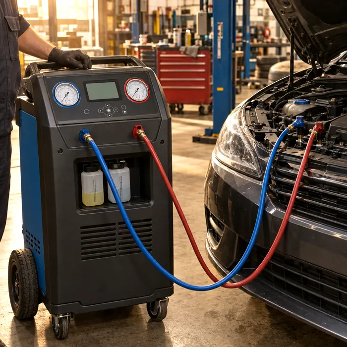 Aircon recharge machine connected to a car