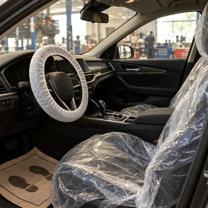 Seat and floor covers fitted before a service