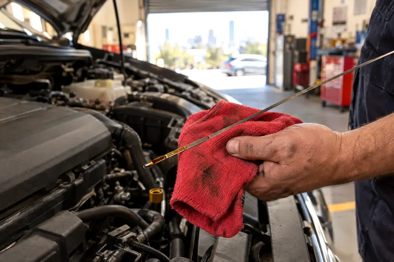 Mechanic checking engine oil on a dipstick