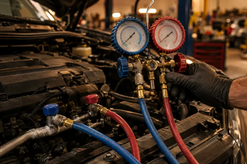 Air conditioning manifold gauges connected to a car during an aircon check