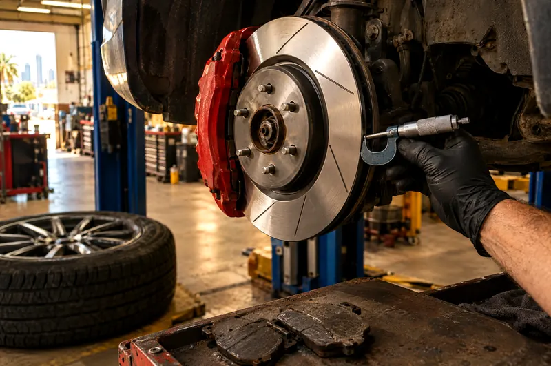 Mechanic measuring a new brake rotor beside a red brake caliper