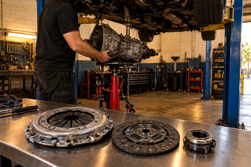 New clutch kit on a workbench while a gearbox is lowered on a transmission jack