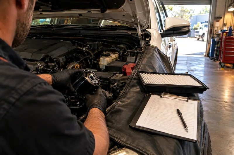 Mechanic fitting a new oil filter during a logbook service on a Toyota Hilux