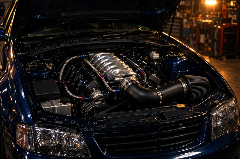 Modified LS V8 engine with a polished intake in a blue Holden Commodore