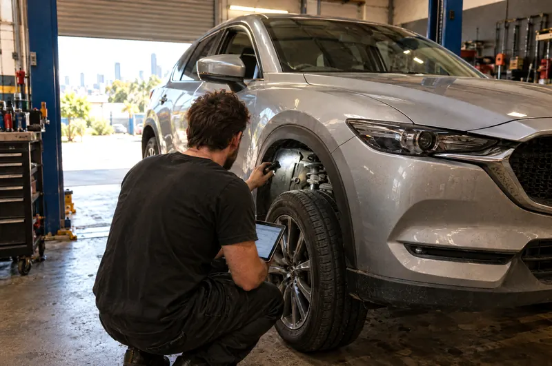 Mechanic inspecting the tyre and suspension of a used SUV with a torch