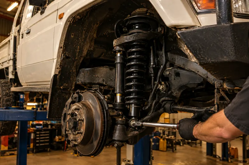 New coil spring and shock absorber fitted to a LandCruiser ute on a hoist