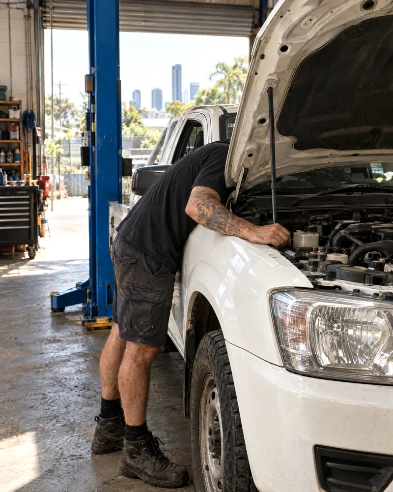Placeholder: a mechanic leaning into the engine bay of a white ute