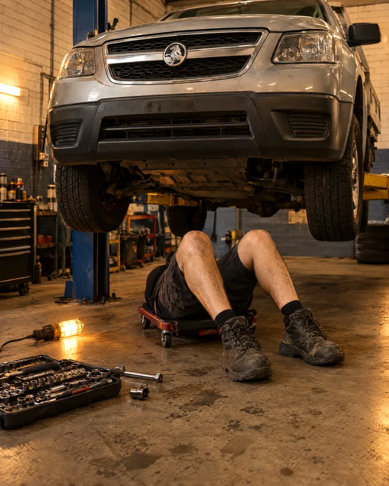 Placeholder: a mechanic working under a ute on a creeper