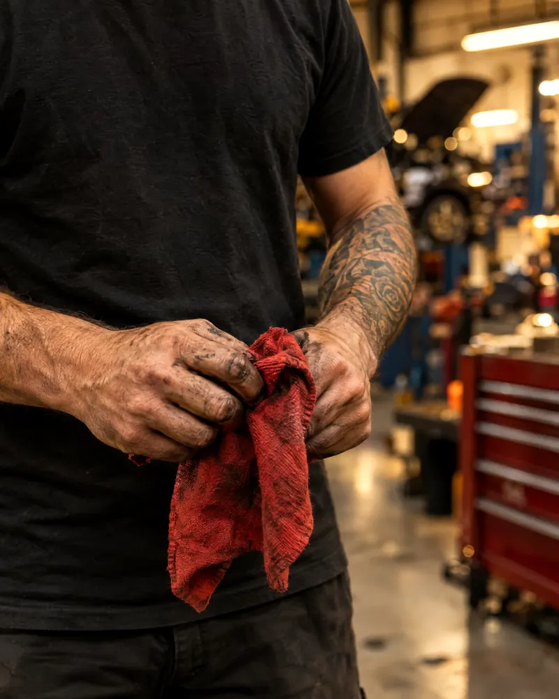 Placeholder: a mechanic wiping their hands on a red shop rag