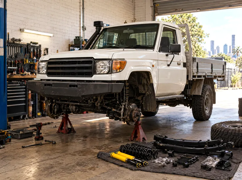 White LandCruiser 79 ute on stands having its suspension replaced