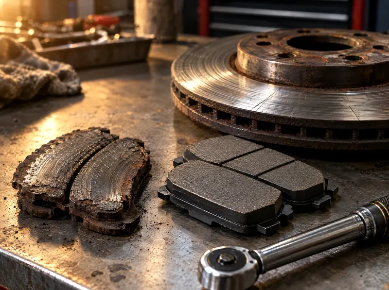 Worn brake pads beside a new set and a scored rotor