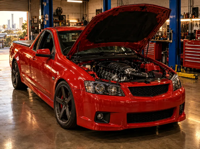 Red Holden Commodore ute with the bonnet up showing an LS V8