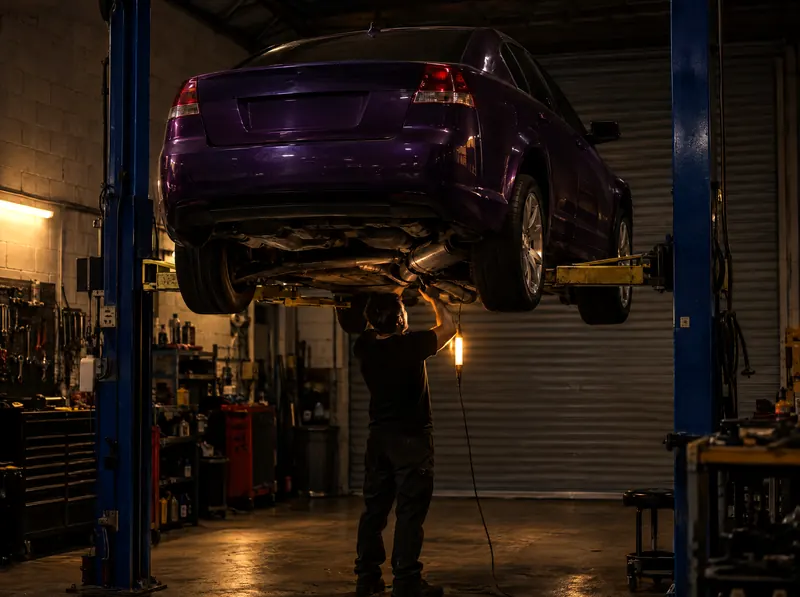 Purple Holden Commodore on a hoist with a mechanic underneath